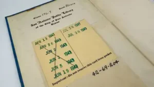 Which announced the unusual return in August 2025, the book was checked out in July 1943