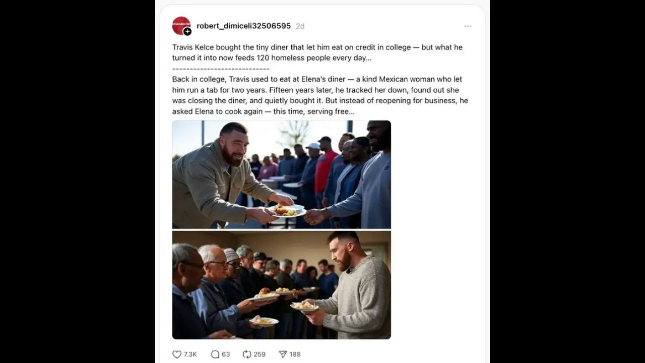 Travis Kelce's emotional homeless charity story debunked after fake diner claims and AI-generated