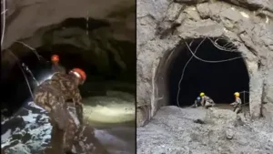 “The team, equipped with searchlights and drones, reached the end of the 250m-deep tunnel