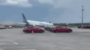 Dramatic footage showed the plane racing beyond the runway before crashing through an area used
