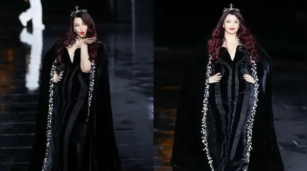 Aishwarya Rai Bachchan brought regal glamour to Paris Fashion Week in a dramatic Yara Shoemaker