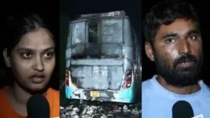 Passengers on board a bus that caught fire on the Yamuna Expressway near Noida International