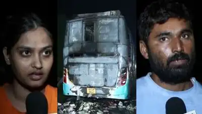 Passengers on board a bus that caught fire on the Yamuna Expressway near Noida International