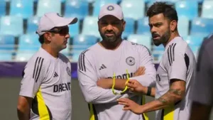 India's coach Gautam Gambhir, Rohit Sharma and Virat Kohli (PTI Photo)