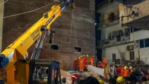 An adjoining building in Satya Niketan confronts demolition after a fatal collapse