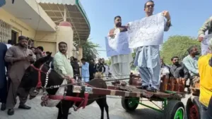PTI MPA Sajjad Ali and other lawmakers rode donkey carts from areas near the assembly to its