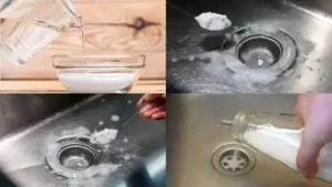 Start by pouring roughly half a cup of baking soda directly into the drain, followed