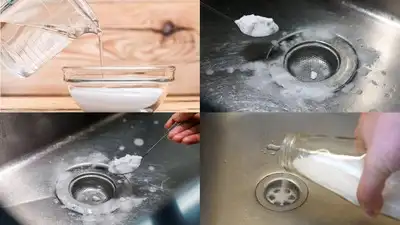 Start by pouring roughly half a cup of baking soda directly into the drain, followed