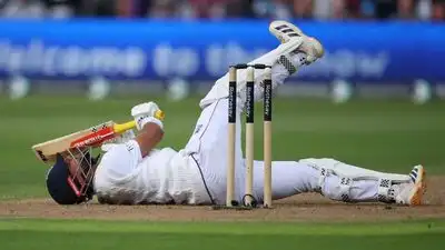 England's opener Emilio Gay reacts after hitting his knee with his bat during the third Test vs