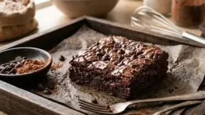 This eggless version uses whole wheat flour, cocoa powder, dark chocolate, butter, sugar