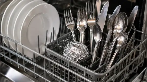 a crumpled ball of aluminium foil placed inside the dishwasher — Now, a viral kitchen trick is