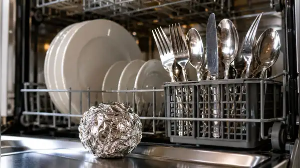 a crumpled ball of aluminium foil placed inside the dishwasher — Now, a viral kitchen trick is