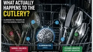 a crumpled ball of aluminium foil placed inside the dishwasher — Now, a viral kitchen trick is