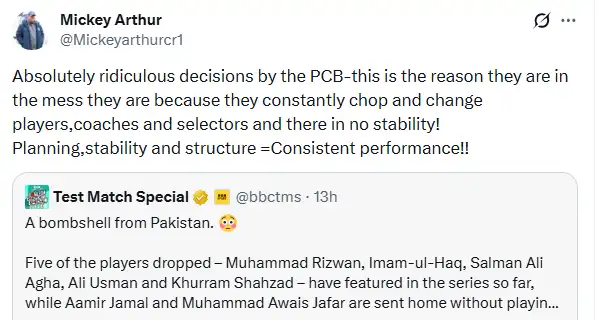 Former Pakistan head coach Mickey Arthur has criticised the Pakistan Cricket Board (PCB)