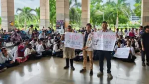 AIIMS Nagpur resident doctors protest outside the hospital building on Thursday