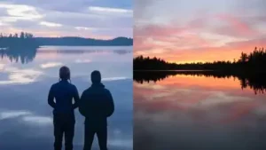 Image of Dave and Amy Freeman standing together alongside Pose Lake in Boundary Waters Canoe