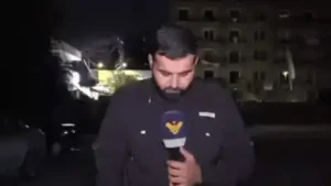 Footage shows a reported Israeli air strike hitting near a Lebanese TV journalist amid concerns