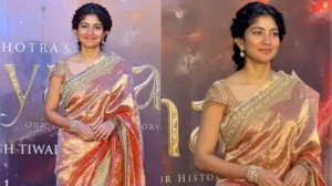 Sai Pallavi, who is portraying Sita, chose to wear a saree made of tissue silk in golden