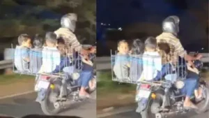 Video of man riding two-wheeler with 7 kids stuffed in metal basket goes viral