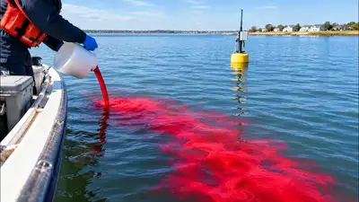 Representative image of red dye released into coastal bay waters: The wider industry impact