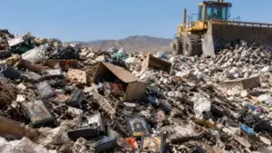 Unsold video game cartridges are depicted being buried under landfill waste, illustrating