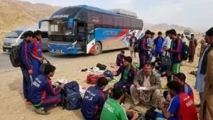 Around a dozen armed men intercepted the Karachi District West team’s bus between Mastung