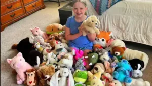 Over time, she collected 114 stuffed animals from thrift stores, cleaned and repaired them