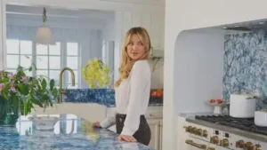 As shown on Instagram, Kate’s kitchen has the famous Blue Cristello marble along with creamy