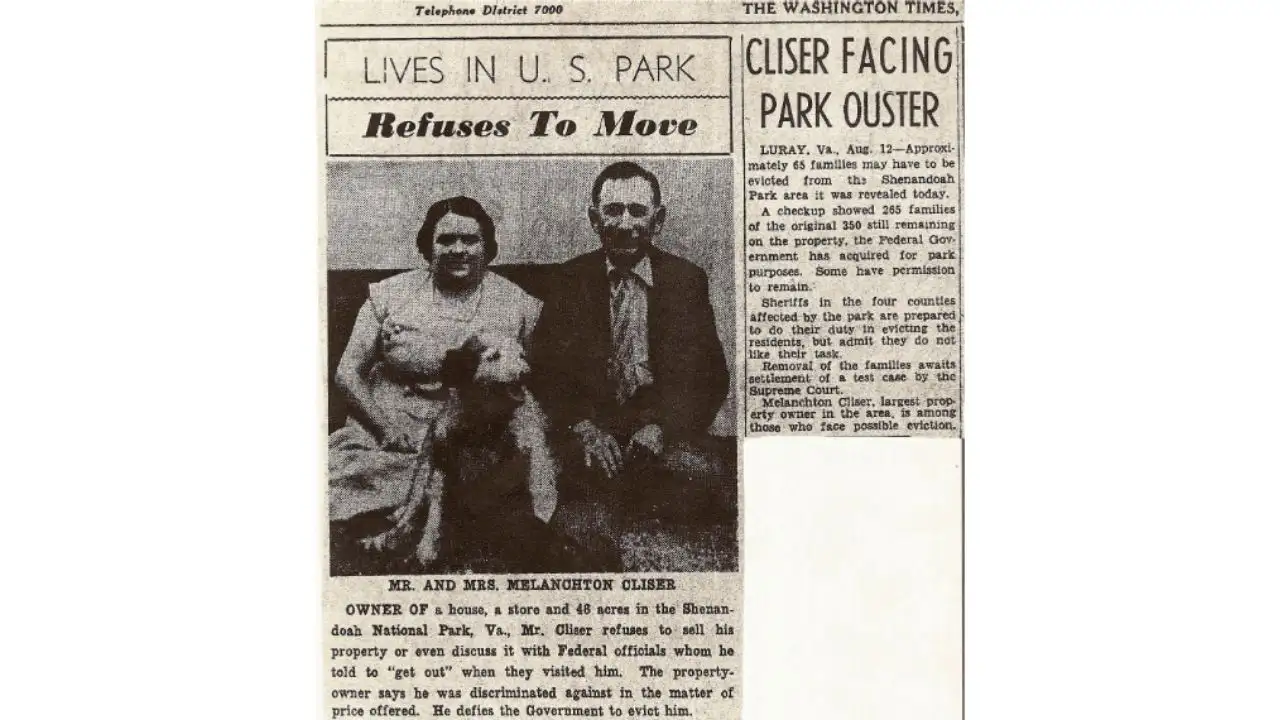In 1935, Melanchthon Cliser refused $4,855 for his 46-acre Virginia property; deputies handcuffed