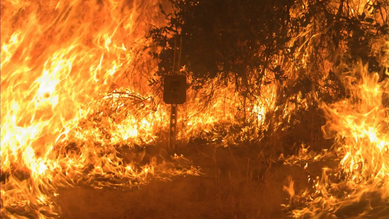 Representative image of the 2018 Woolsey Fire approaching Malibu, illustrating the wildfire