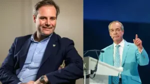 British crypto investor Ben Delo, left and Reform UK leader Nigel Farage, right