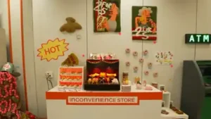 A former 7-Eleven reopened as an art shop selling pre-tangled USB cables, a 'landline iPhone', fake