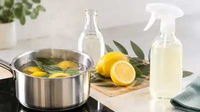Lemon peels, eucalyptus leaves and vinegar are simmered together to make a naturally scented
