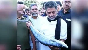 CM DK Shivakumar holds a fish at the fishing port, Bunder (Old Port) in Mangaluru on Saturday
