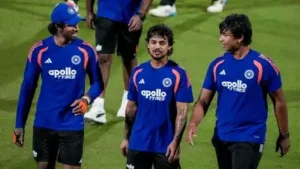 Vaibhav Sooryavanshi (R) alongside Ishan Kishan and Tilak Varma in a practice session