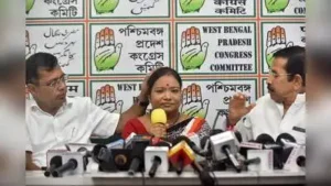 Congress Nandigram candidate Milan Pradhan’s wife speaks to the media on Thursday