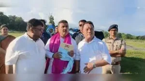 CM Suvendu Adhikari with GJM president Bimal Gurung and party general secretary Roshan Giri