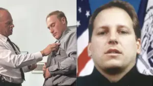 NYPD graduate Casey Kloepfer (left), receives his shield and officer Ronald Kloepfer (right)