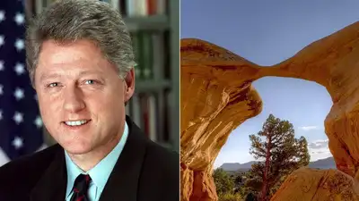 Bill Clinton is pictured on the left, alongside an image of Metate Arch in Grand