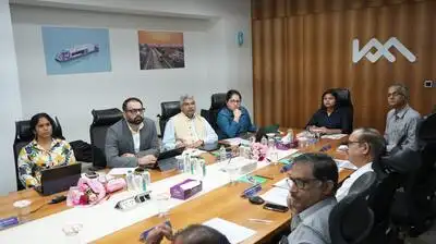 KMRL managing director G Priyanka chairs the review meeting with the high-level AIIB delegation