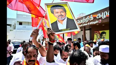 TVK members celebrate party's victory in Madurantakam and Dharapuram bypolls Photo by R Ramesh