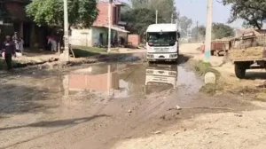 Potholes as deep as 2.5 feet and waterlogging on the Abhaypur-Rithaura road in Bareilly