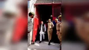 Samajwadi Party president Akhilesh Yadav after a meeting with Azam Khan in the Rampur district