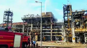 Firefighters douse flames after the Sept 30 MRPL blast in Mangaluru — File pic