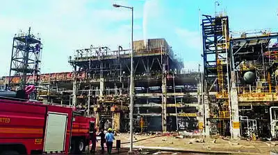 Firefighters douse flames after the Sept 30 MRPL blast in Mangaluru — File pic