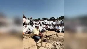 Vishwajeet Kadam protesting in the dry Krishna riverbed