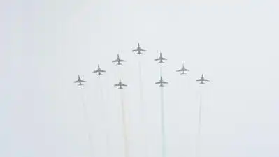IAF’s Surya Kiran Aerobatic Team performed a curtailed aerial display during the Mysuru Dasara