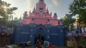 The Durga Puja pandal of Neta Nagar barwari of Prayagraj, made on the theme of Disnyland