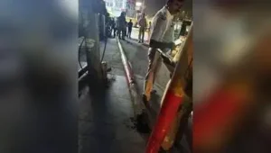 A rusted streetlight pole fell on the main road in Sanjaynagar, Marathahalli, killing