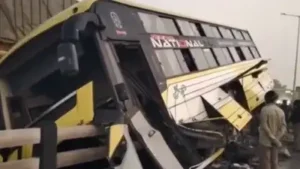 At least 13 people were injured after a private bus hit the median in Tindivanam in Villupuram